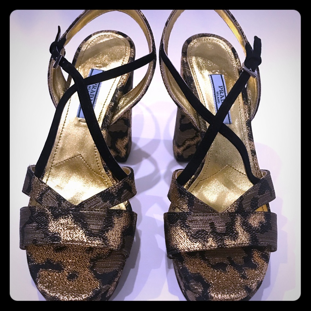 Prada Gold & Black platform chunky heel sandals